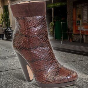 Dolce & Gabbana Brown Exotic Python Leather Suede Cuff Low-Calf Boot, Size 36.5